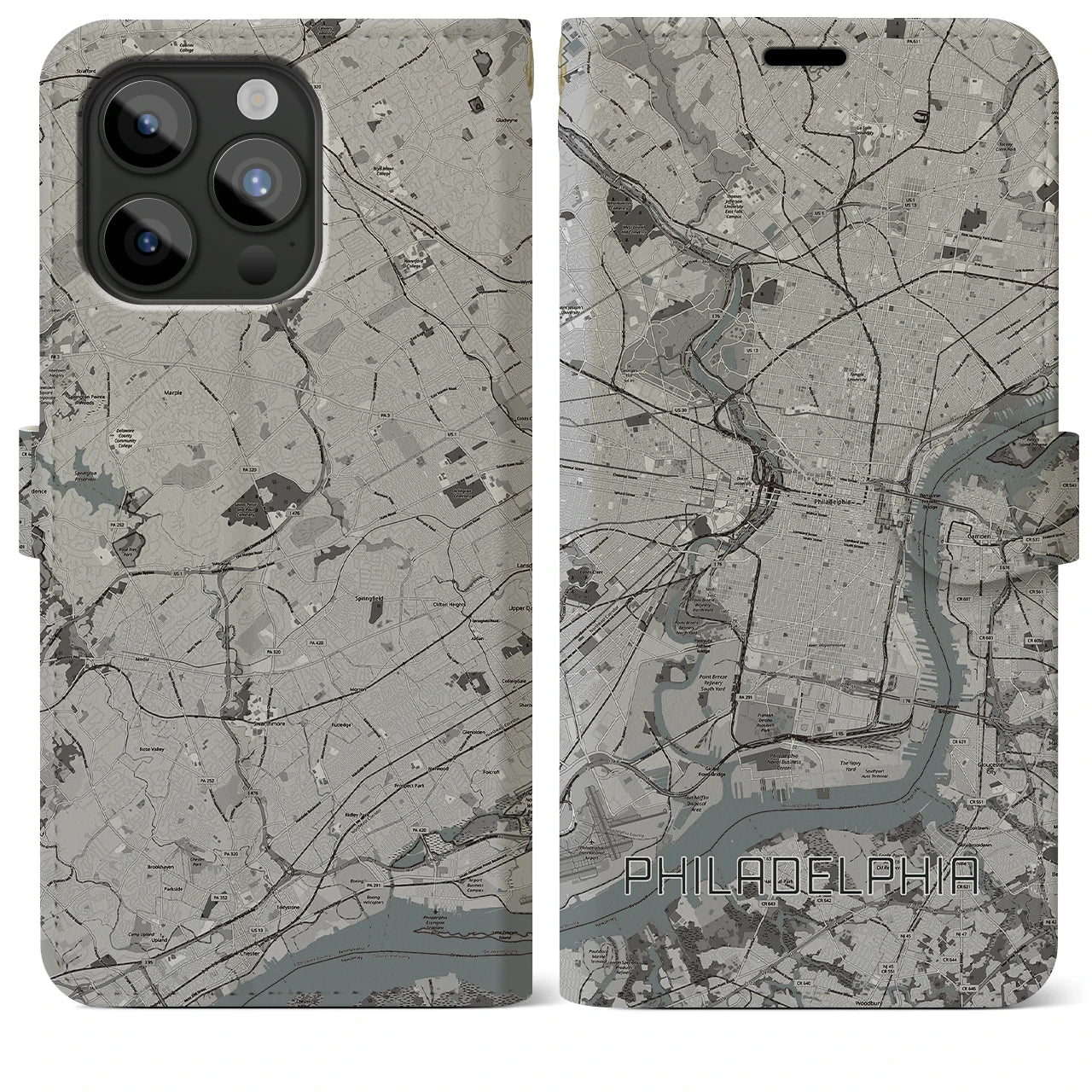 【フィラデルフィア(アメリカ)】地図柄iPhoneケース(手帳タイプ)モノトーン・iPhone 15 Pro Max 用