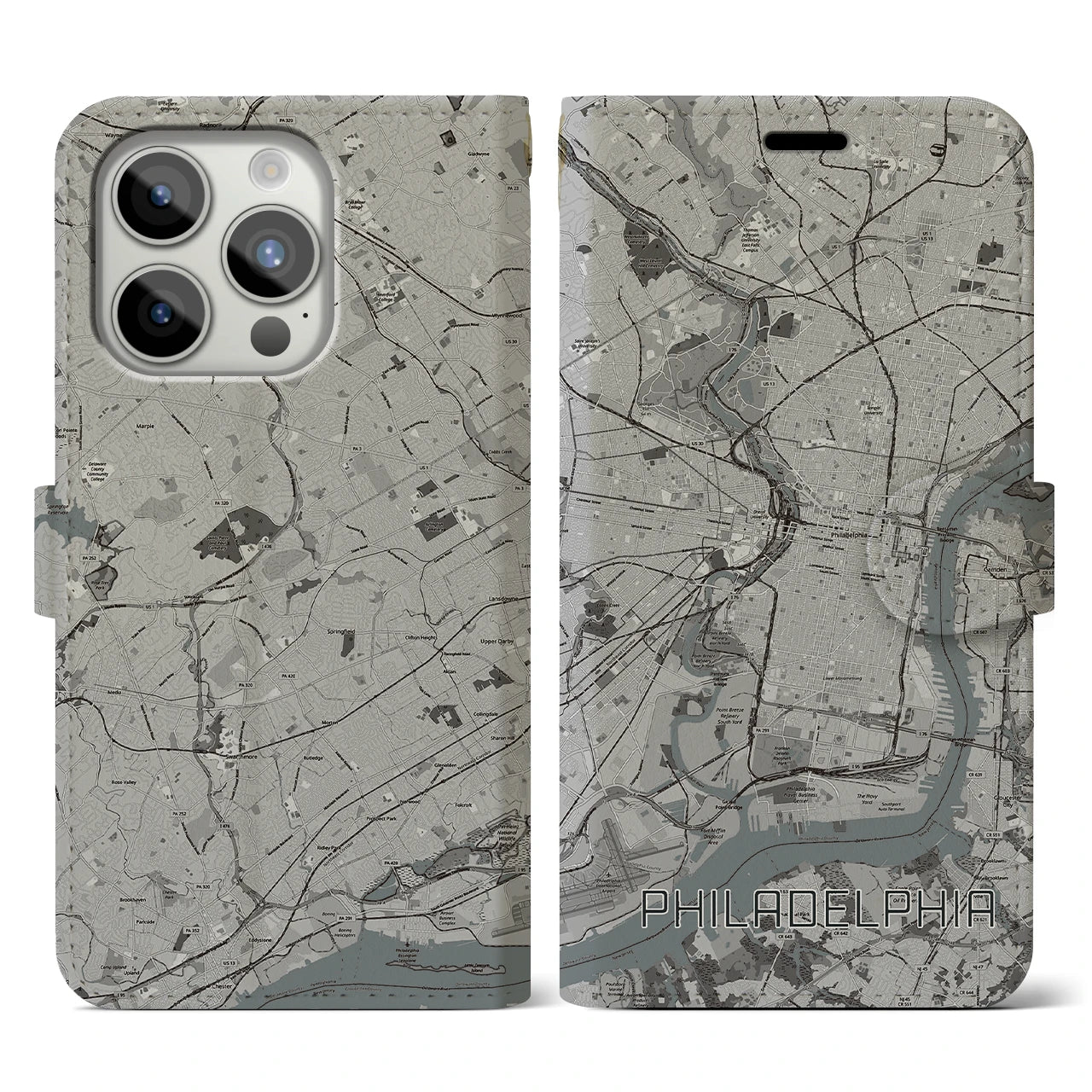 【フィラデルフィア(アメリカ)】地図柄iPhoneケース(手帳タイプ)モノトーン・iPhone 15 Pro 用