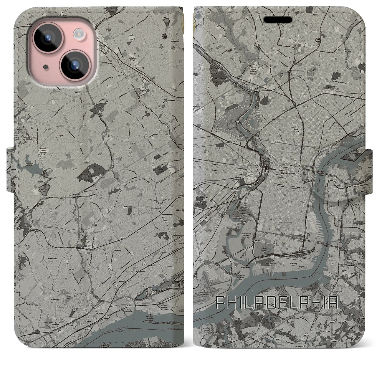 【フィラデルフィア(アメリカ)】地図柄iPhoneケース(手帳タイプ)モノトーン・iPhone 15 Plus 用