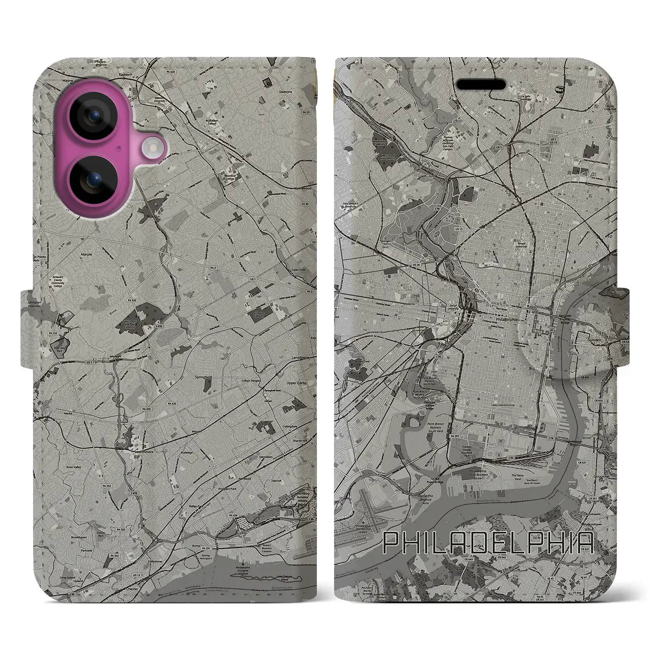 【フィラデルフィア(アメリカ)】地図柄iPhoneケース(手帳タイプ)モノトーン・iPhone 16 Pro 用