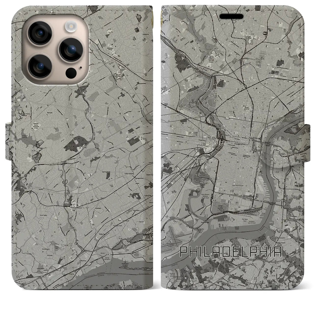 【フィラデルフィア(アメリカ)】地図柄iPhoneケース(手帳タイプ)モノトーン・iPhone 16 Plus 用