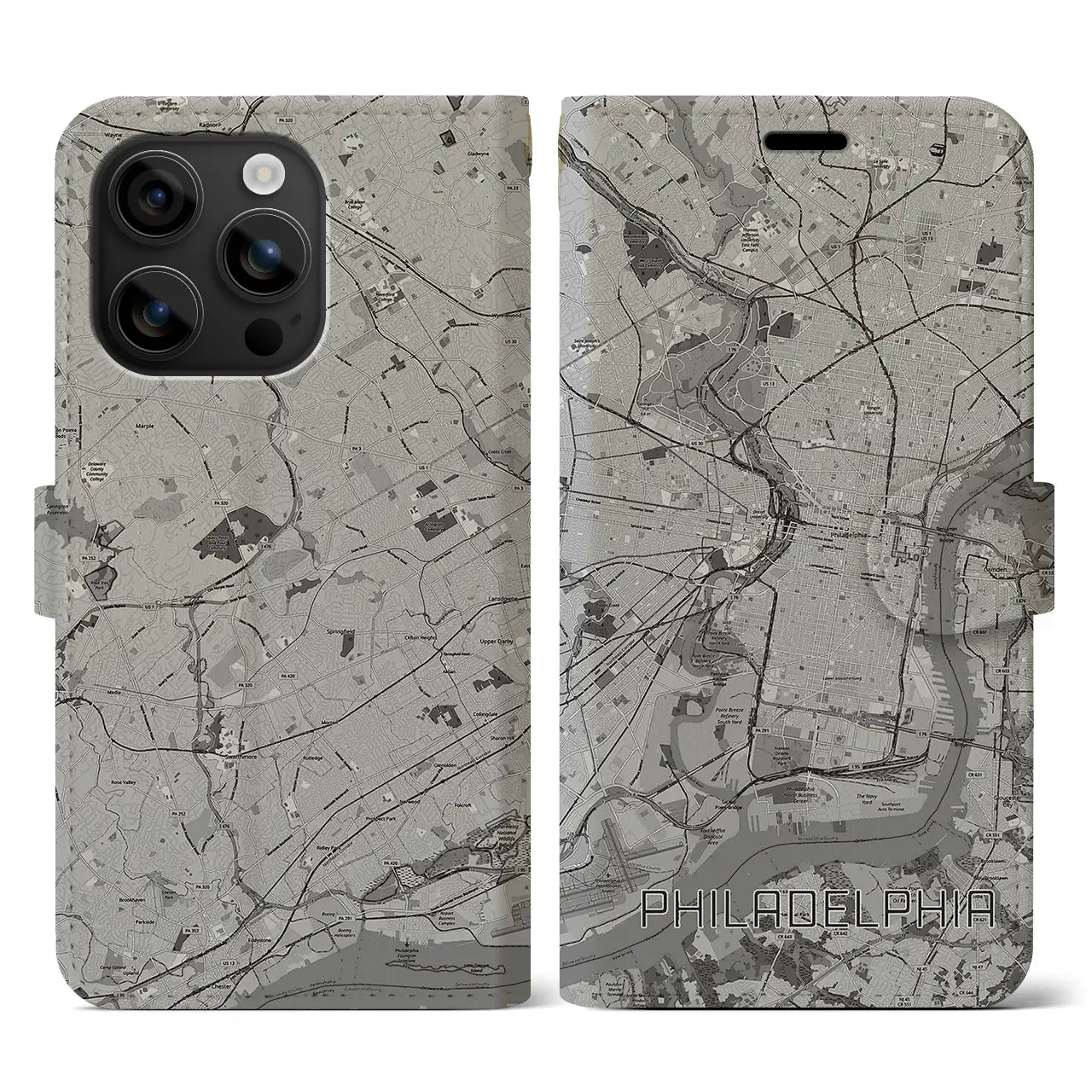 【フィラデルフィア(アメリカ)】地図柄iPhoneケース(手帳タイプ)モノトーン・iPhone 16 用