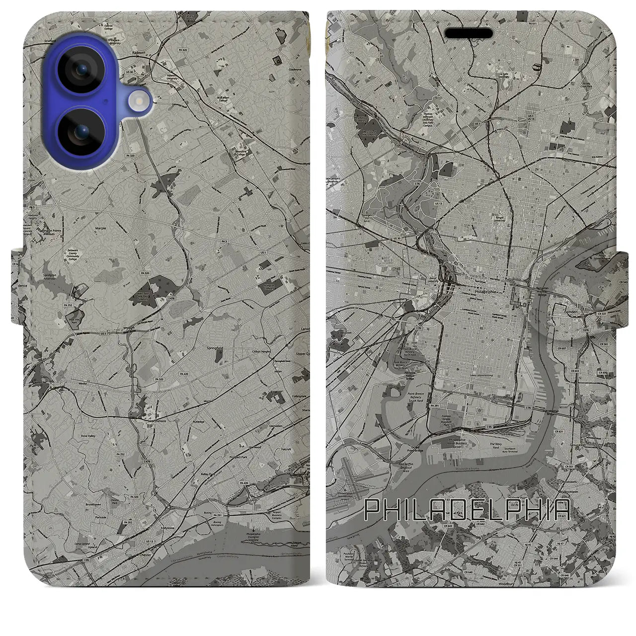 【フィラデルフィア(アメリカ)】地図柄iPhoneケース(手帳タイプ)モノトーン・iPhone 16 Pro Max 用