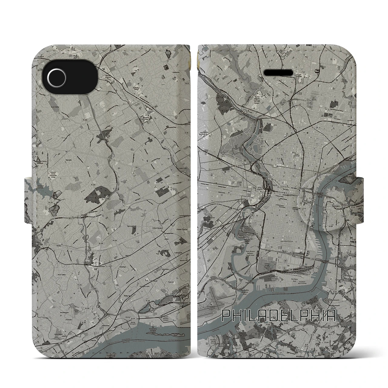 【フィラデルフィア(アメリカ)】地図柄iPhoneケース(手帳タイプ)モノトーン・iPhone SE(第3 / 第2世代) / 8 / 7 / 6s / 6 用