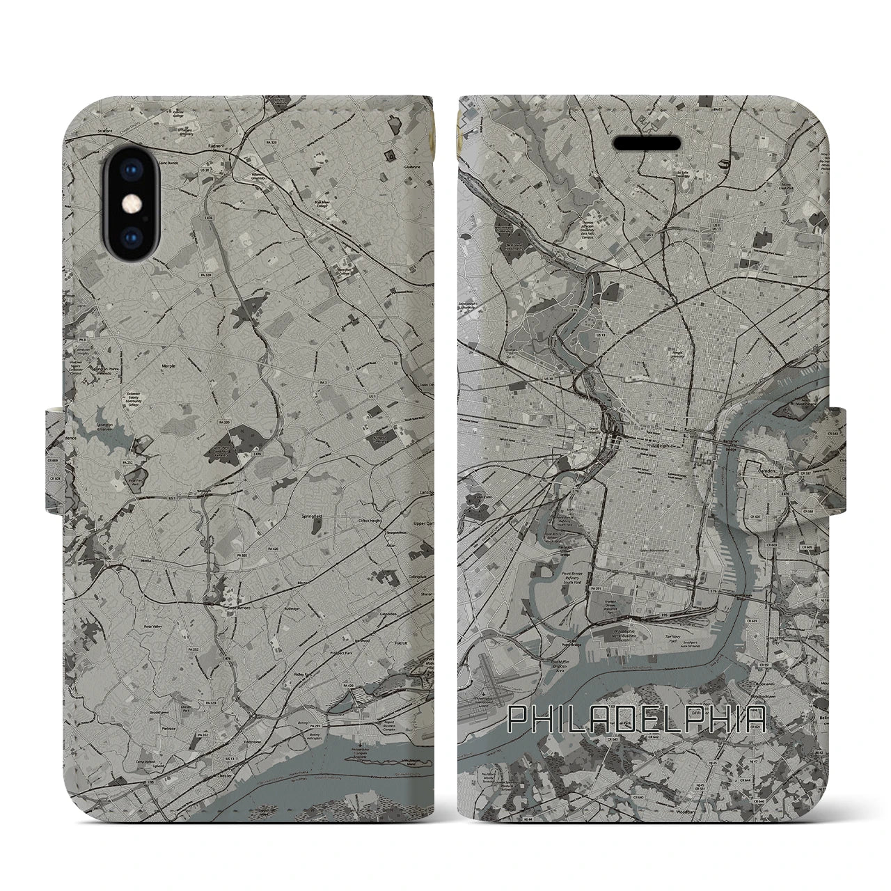 【フィラデルフィア(アメリカ)】地図柄iPhoneケース(手帳タイプ)モノトーン・iPhone XS / X 用