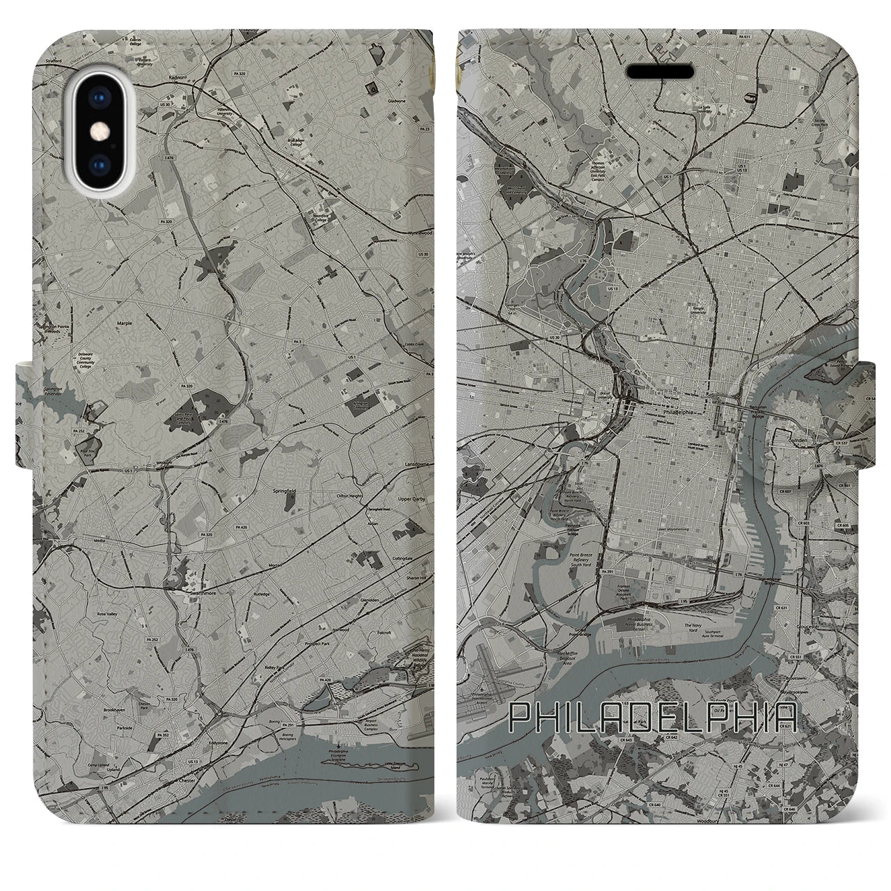 【フィラデルフィア(アメリカ)】地図柄iPhoneケース(手帳タイプ)モノトーン・iPhone XS Max 用