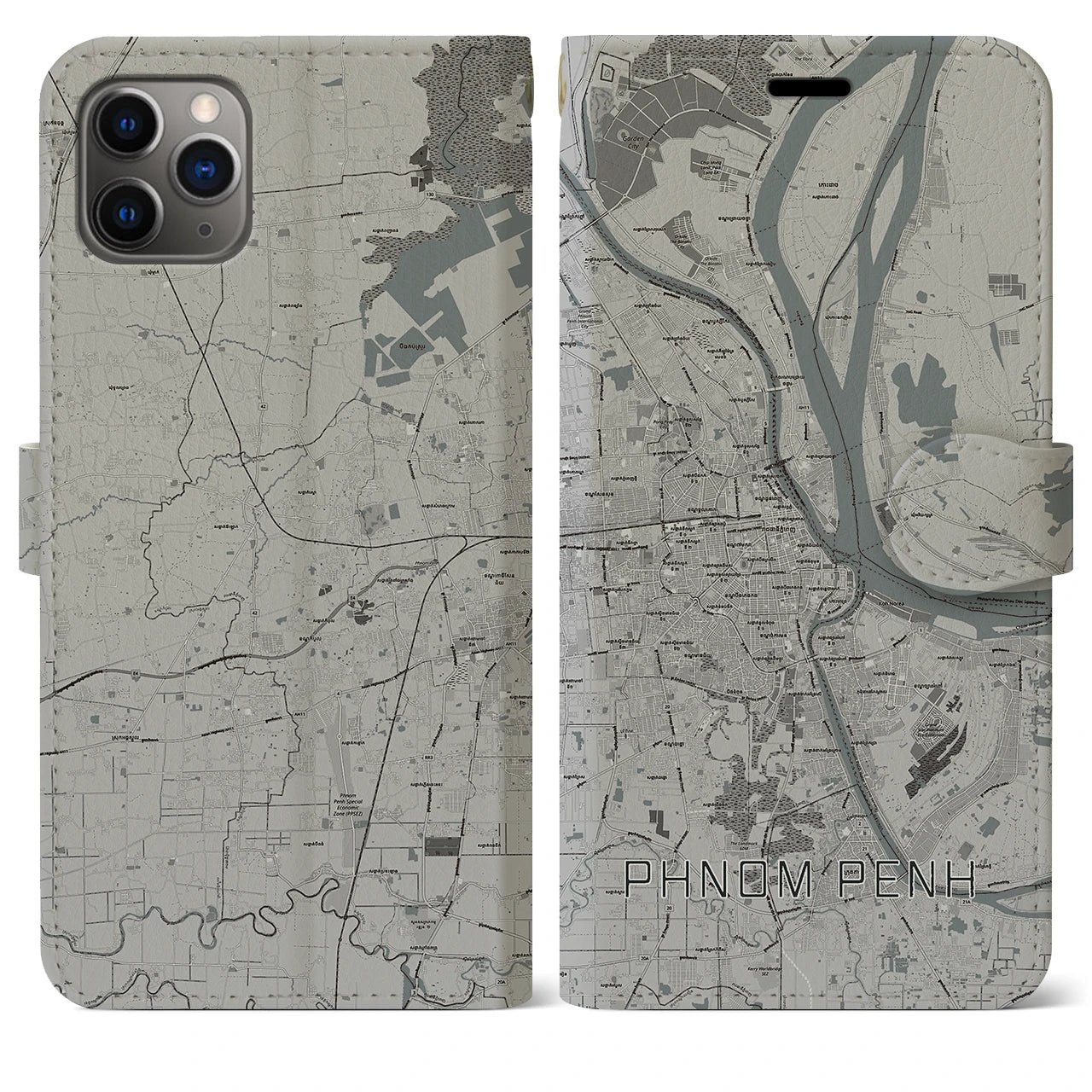 【プノンペン(カンボジア)】地図柄iPhoneケース(手帳タイプ)モノトーン・iPhone 11 Pro Max 用