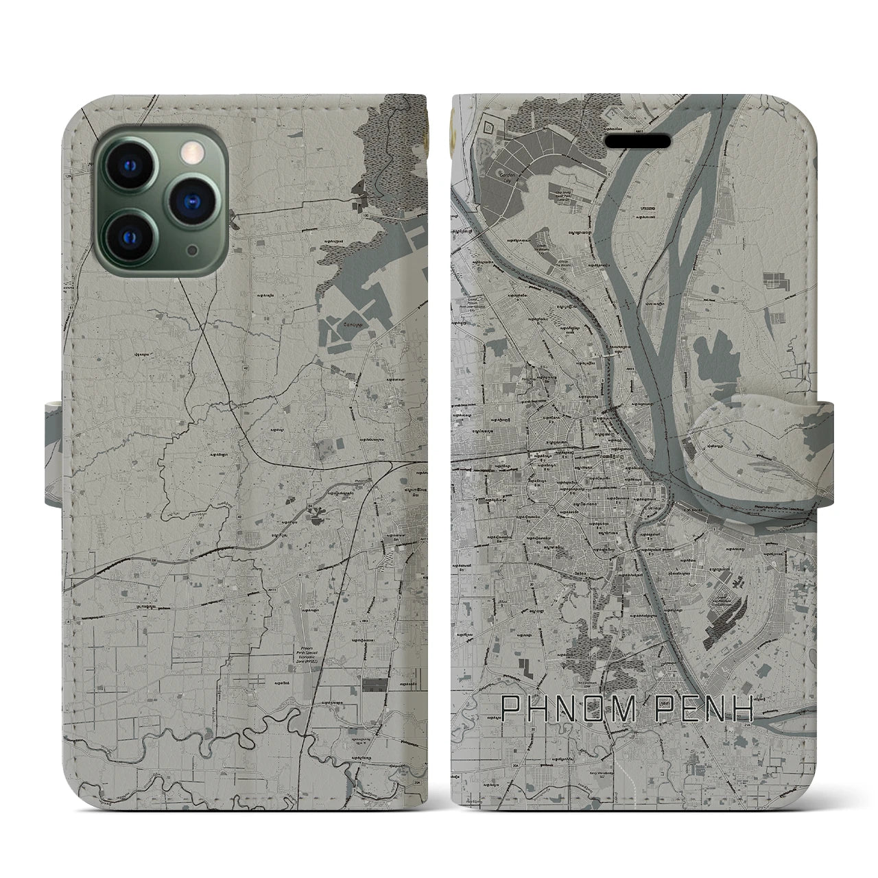 【プノンペン(カンボジア)】地図柄iPhoneケース(手帳タイプ)モノトーン・iPhone 11 Pro 用