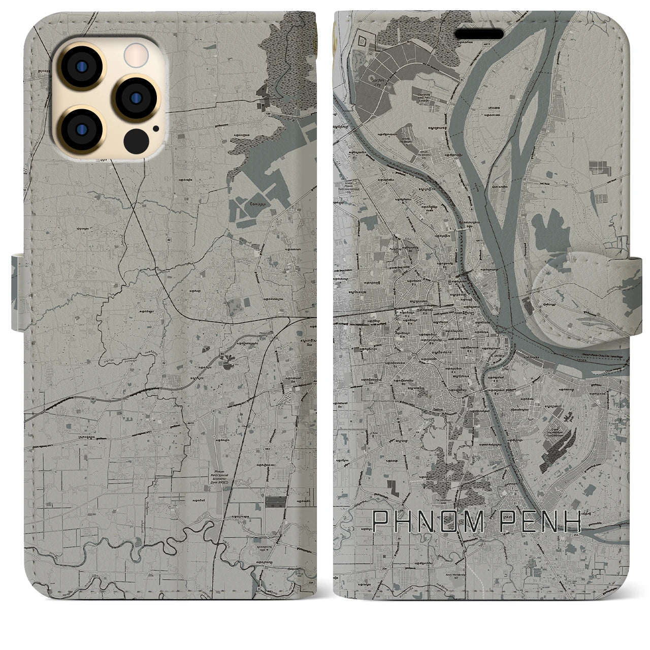 【プノンペン(カンボジア)】地図柄iPhoneケース(手帳タイプ)モノトーン・iPhone 12 Pro Max 用