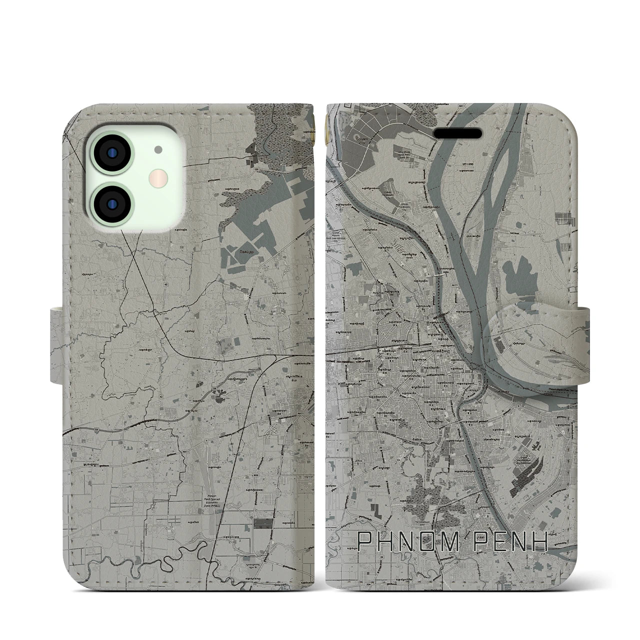 【プノンペン(カンボジア)】地図柄iPhoneケース(手帳タイプ)モノトーン・iPhone 12 mini 用