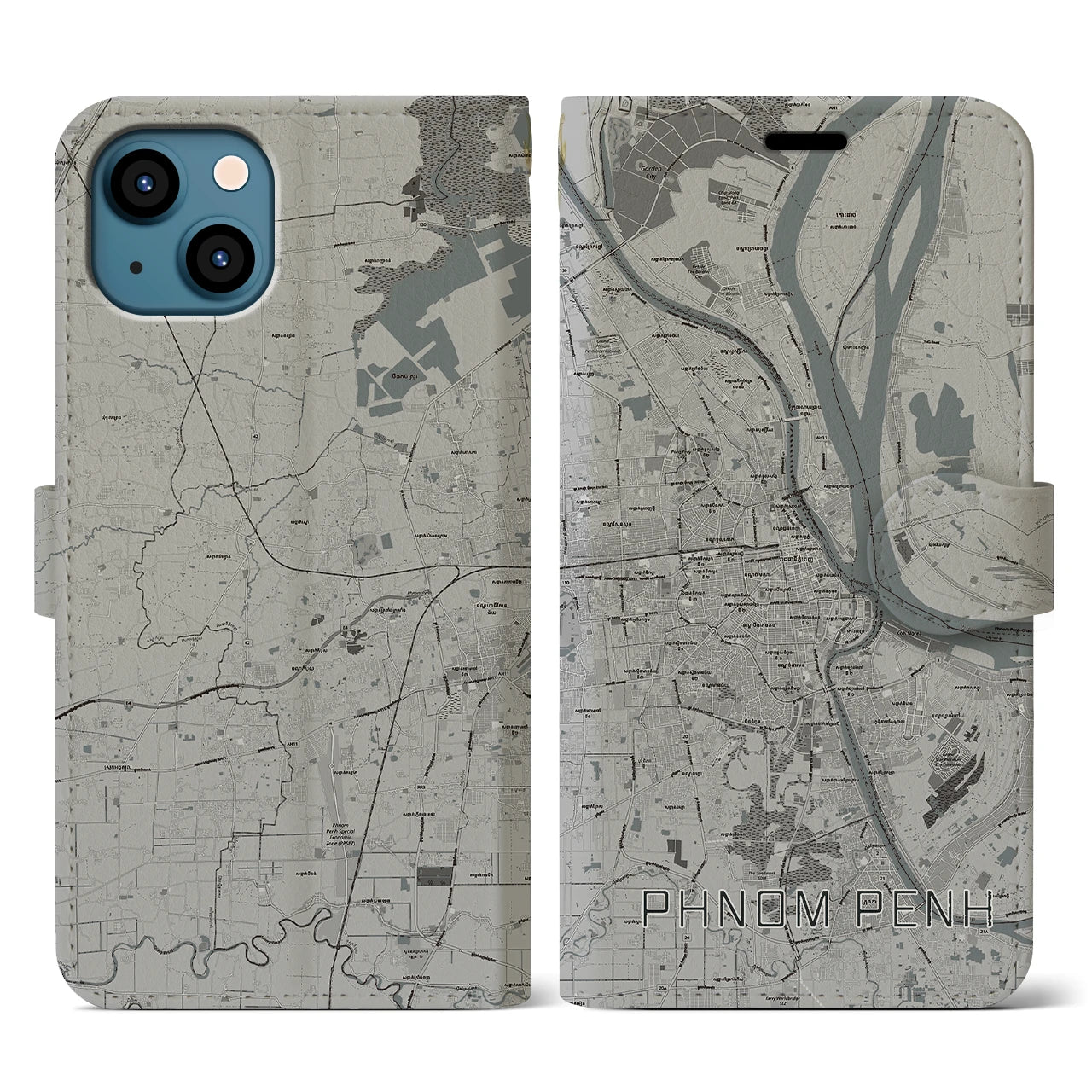 【プノンペン(カンボジア)】地図柄iPhoneケース(手帳タイプ)モノトーン・iPhone 13 用