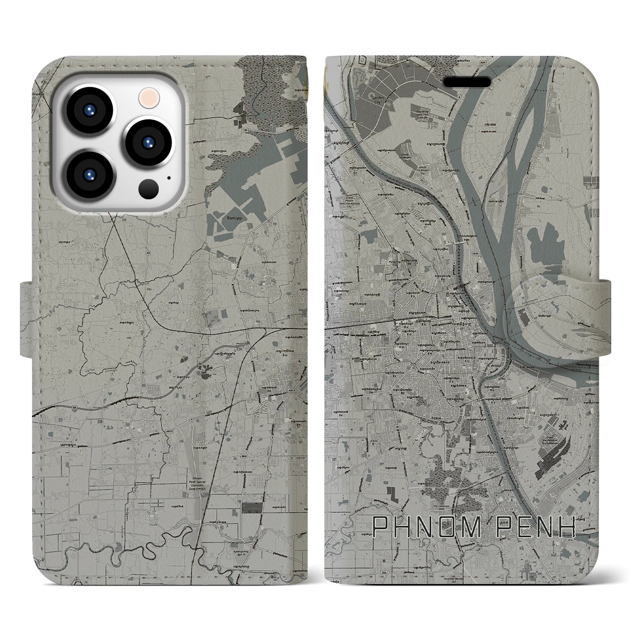 【プノンペン(カンボジア)】地図柄iPhoneケース(手帳タイプ)