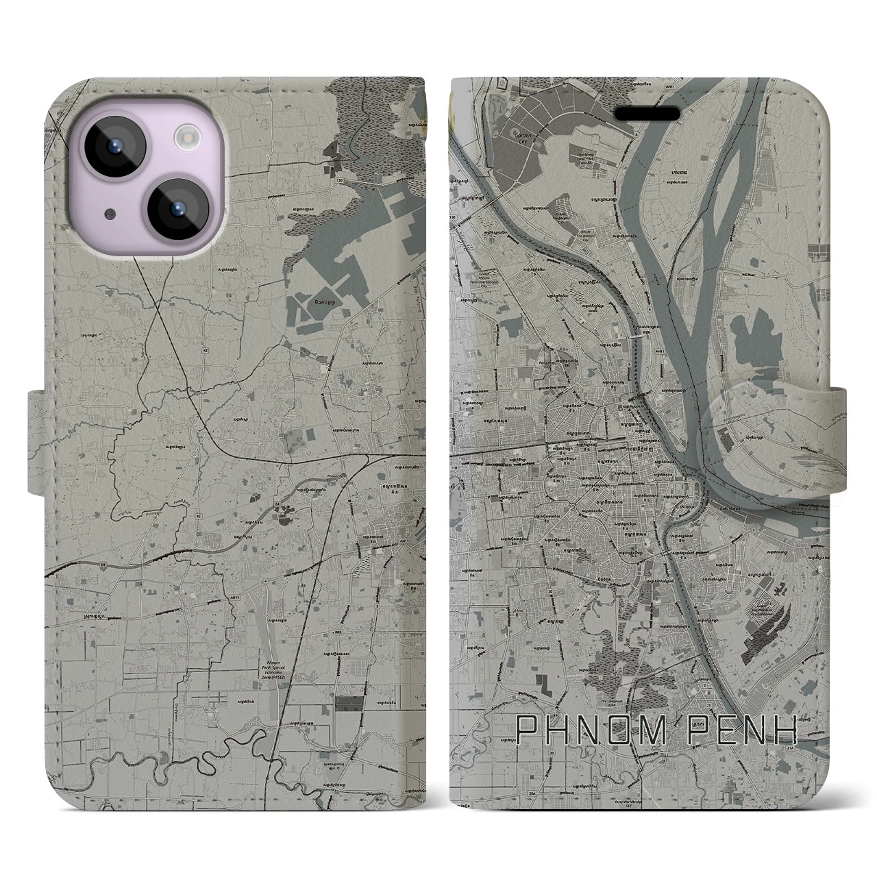 【プノンペン(カンボジア)】地図柄iPhoneケース(手帳タイプ)モノトーン・iPhone 14 用