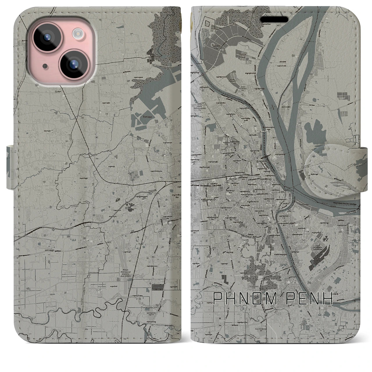 【プノンペン(カンボジア)】地図柄iPhoneケース(手帳タイプ)モノトーン・iPhone 15 Plus 用