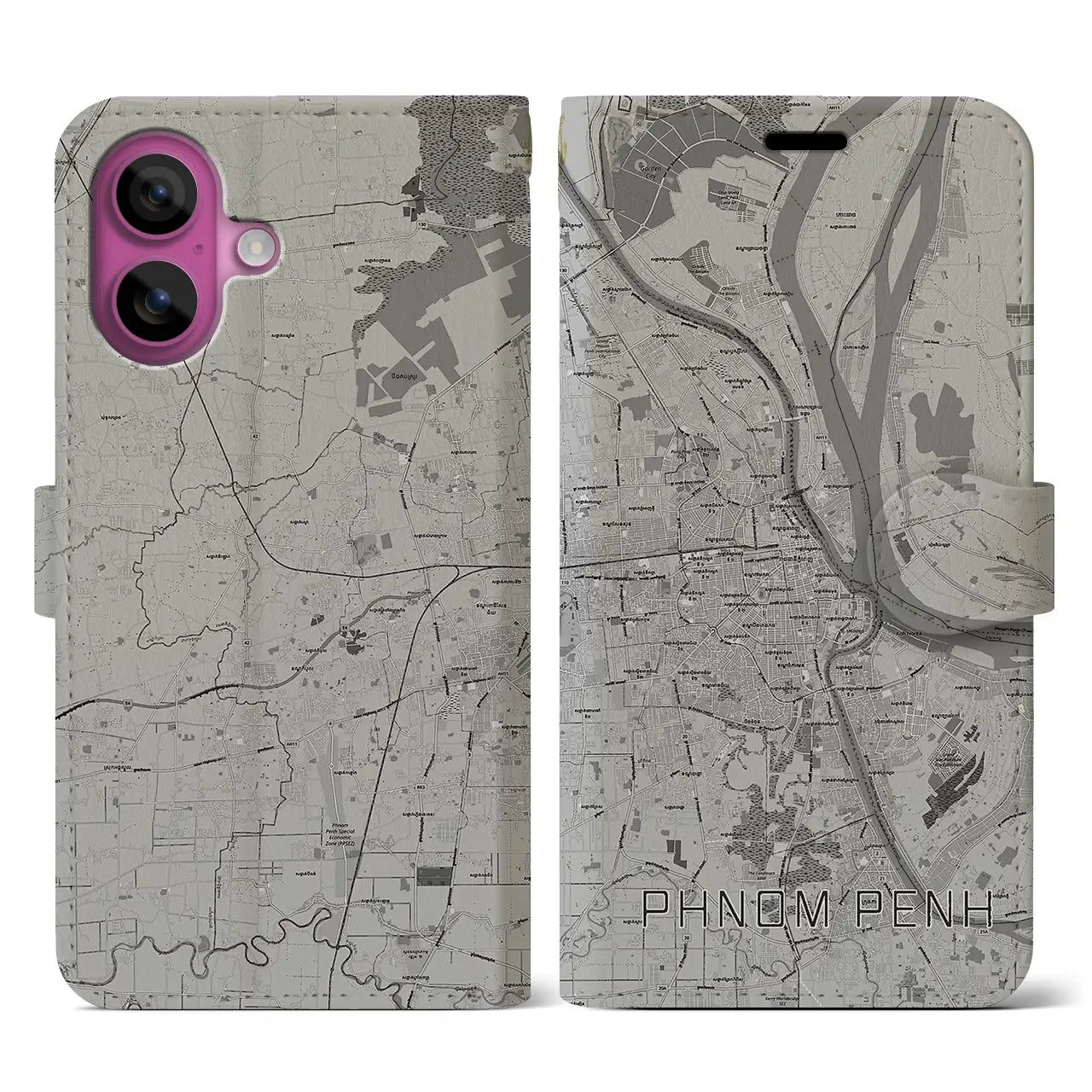【プノンペン(カンボジア)】地図柄iPhoneケース(手帳タイプ)モノトーン・iPhone 16 Pro 用