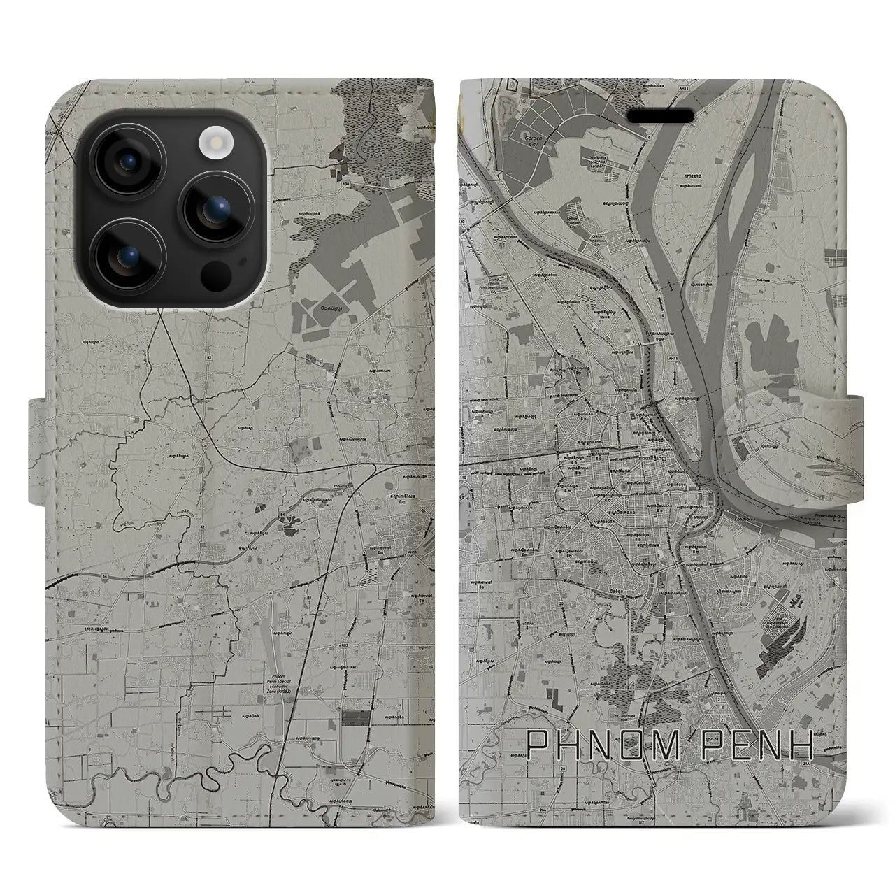 【プノンペン(カンボジア)】地図柄iPhoneケース(手帳タイプ)モノトーン・iPhone 16 用