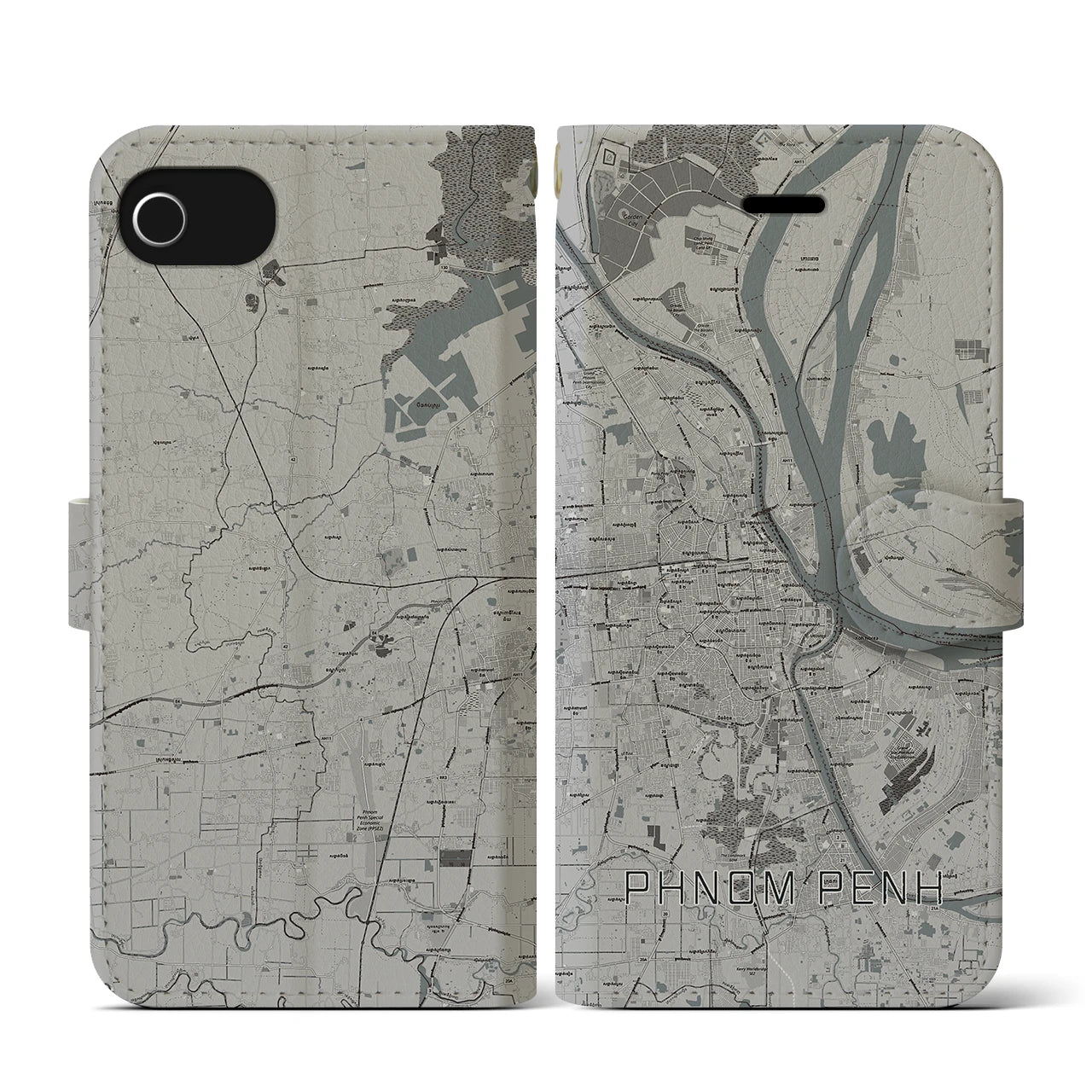 【プノンペン(カンボジア)】地図柄iPhoneケース(手帳タイプ)モノトーン・iPhone SE(第3 / 第2世代) / 8 / 7 / 6s / 6 用