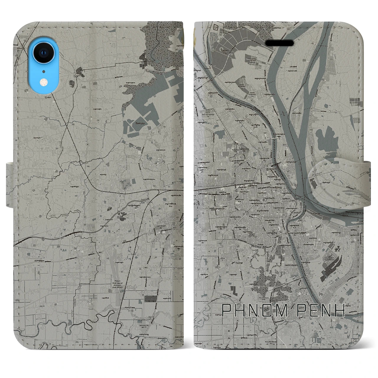【プノンペン(カンボジア)】地図柄iPhoneケース(手帳タイプ)モノトーン・iPhone XR 用