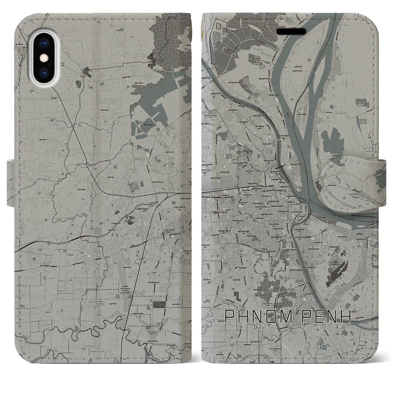 【プノンペン(カンボジア)】地図柄iPhoneケース(手帳タイプ)モノトーン・iPhone XS Max 用