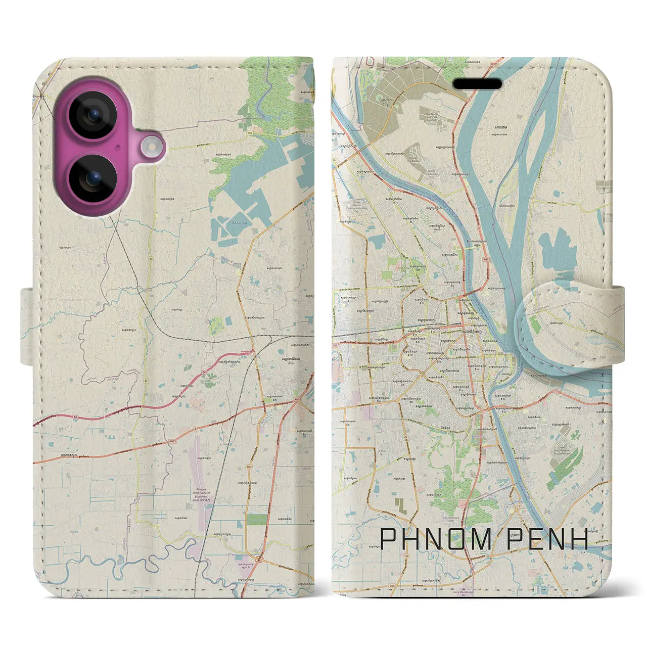 【プノンペン(カンボジア)】地図柄iPhoneケース(手帳タイプ)ナチュラル・iPhone 16 Pro 用