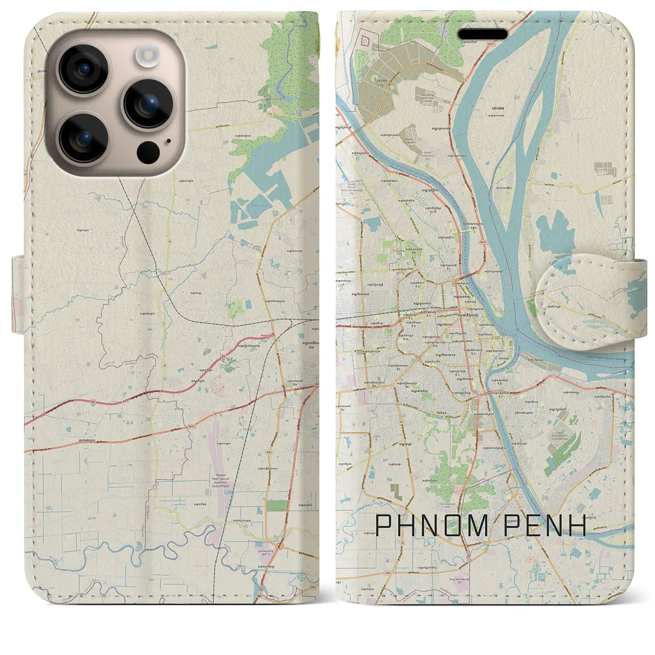 【プノンペン(カンボジア)】地図柄iPhoneケース(手帳タイプ)ナチュラル・iPhone 16 Plus 用