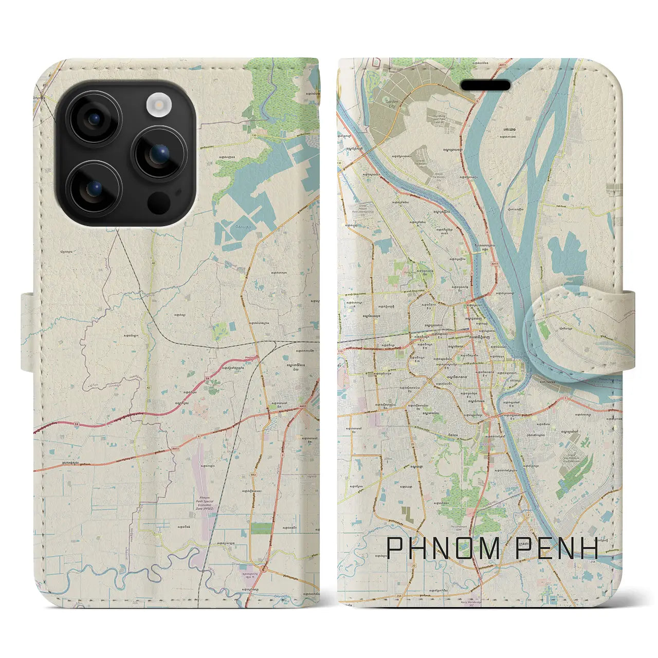 【プノンペン(カンボジア)】地図柄iPhoneケース(手帳タイプ)ナチュラル・iPhone 16 用