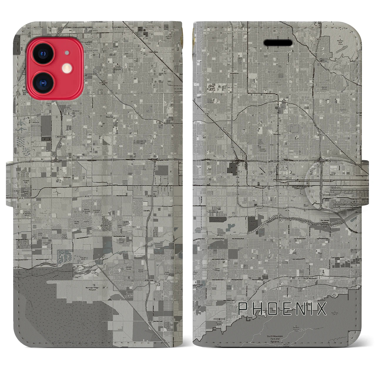 【フェニックス(アメリカ)】地図柄iPhoneケース(手帳タイプ)モノトーン・iPhone 11 用