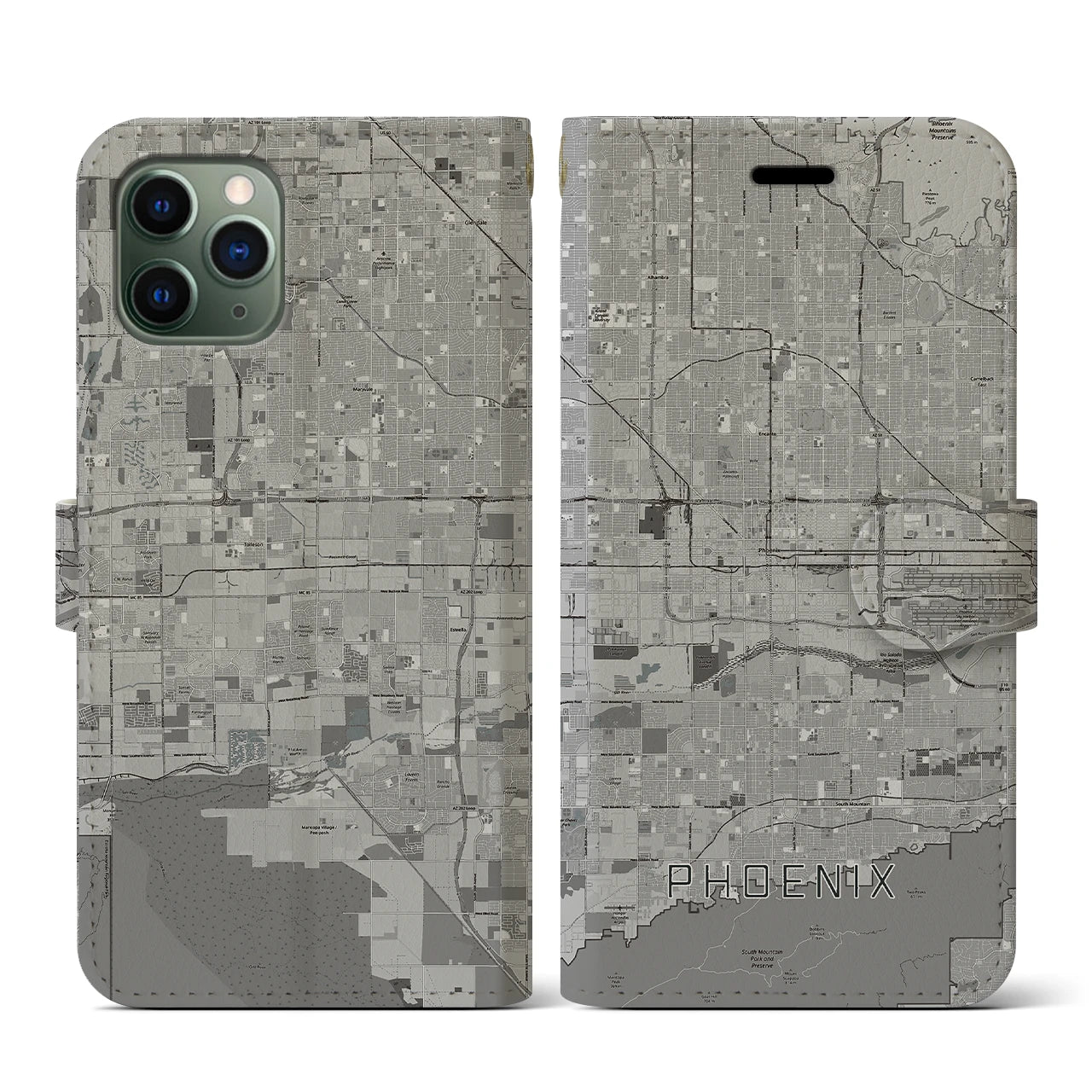 【フェニックス(アメリカ)】地図柄iPhoneケース(手帳タイプ)モノトーン・iPhone 11 Pro 用