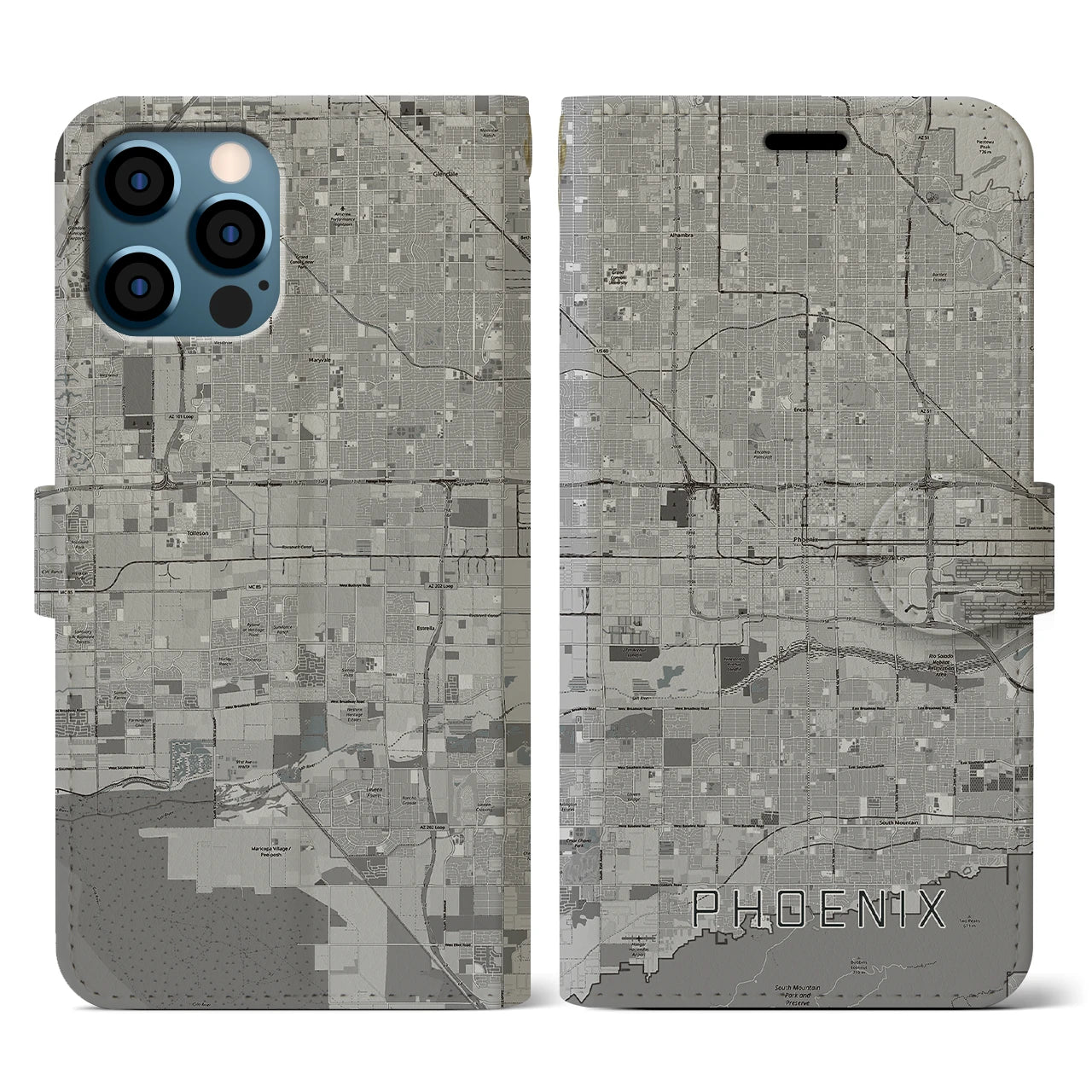 【フェニックス(アメリカ)】地図柄iPhoneケース(手帳タイプ)モノトーン・iPhone 12 / 12 Pro 用