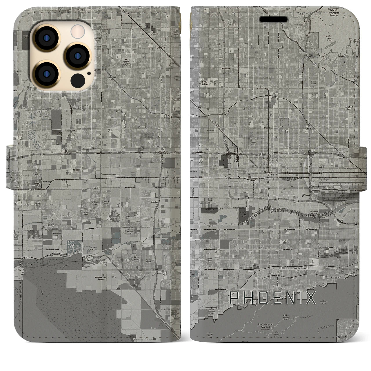【フェニックス(アメリカ)】地図柄iPhoneケース(手帳タイプ)モノトーン・iPhone 12 Pro Max 用
