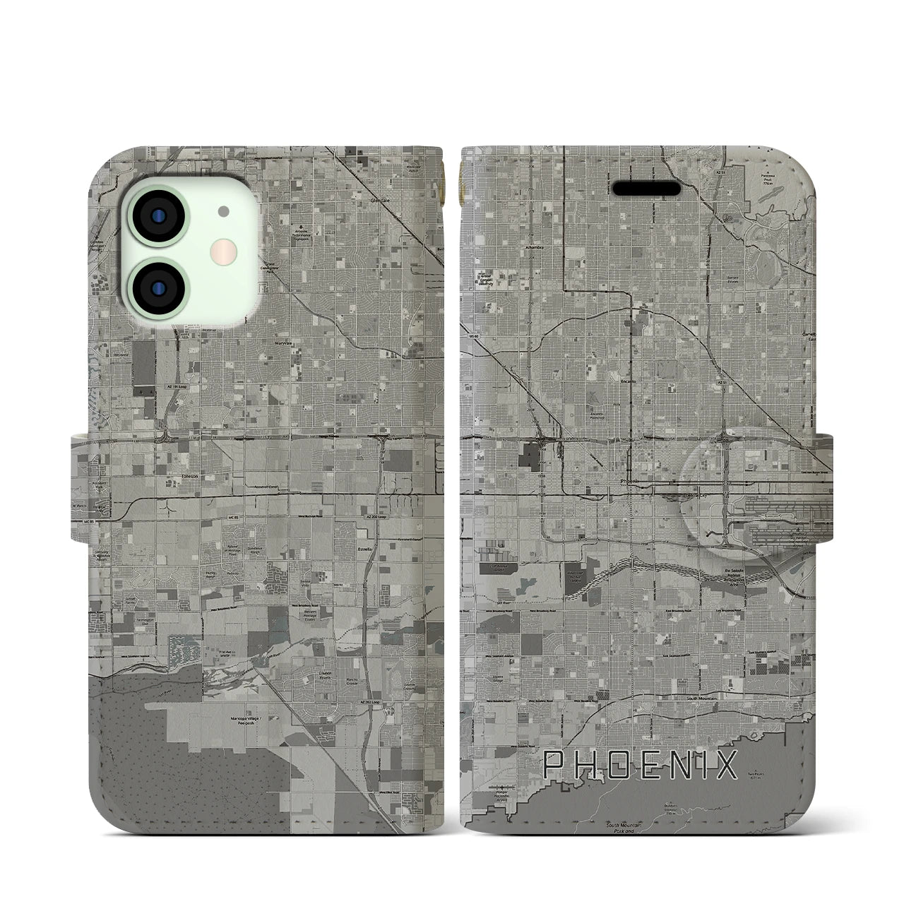 【フェニックス(アメリカ)】地図柄iPhoneケース(手帳タイプ)モノトーン・iPhone 12 mini 用