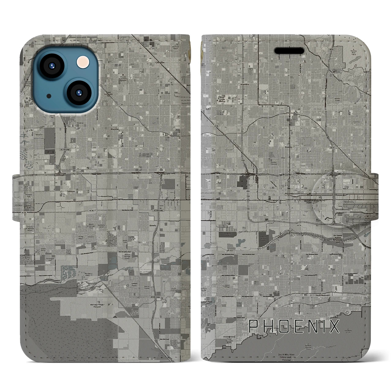 【フェニックス(アメリカ)】地図柄iPhoneケース(手帳タイプ)モノトーン・iPhone 13 用