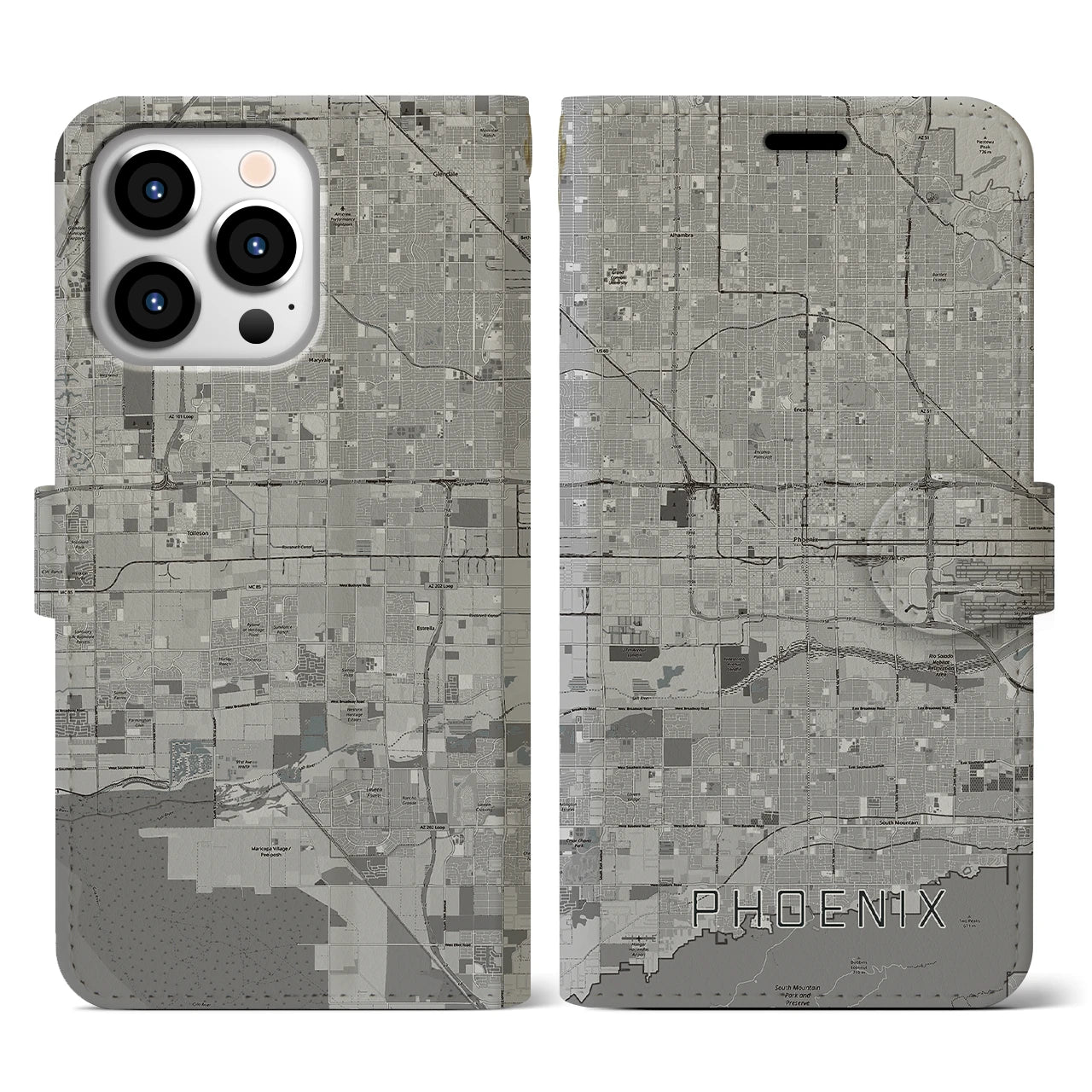 【フェニックス(アメリカ)】地図柄iPhoneケース(手帳タイプ)モノトーン・iPhone 13 Pro 用