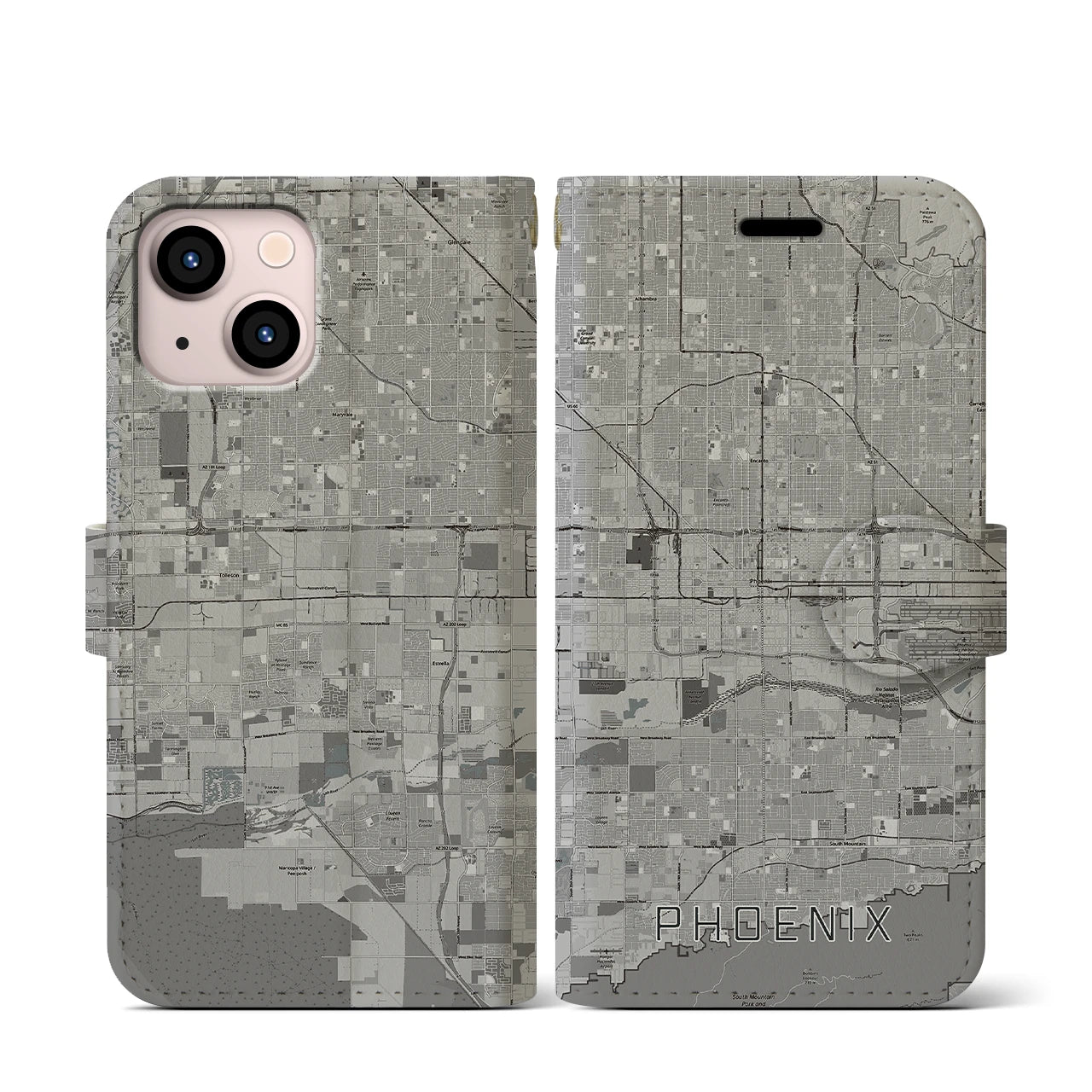 【フェニックス(アメリカ)】地図柄iPhoneケース(手帳タイプ)モノトーン・iPhone 13 mini 用