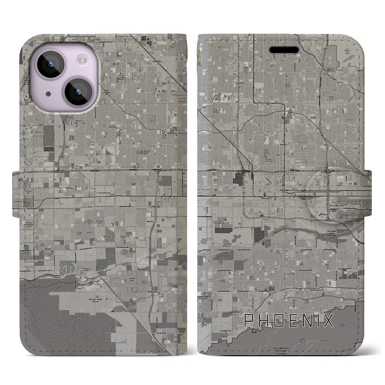 【フェニックス(アメリカ)】地図柄iPhoneケース(手帳タイプ)モノトーン・iPhone 14 用