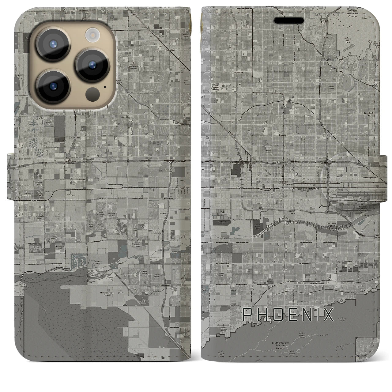 【フェニックス(アメリカ)】地図柄iPhoneケース(手帳タイプ)モノトーン・iPhone 14 Pro Max 用