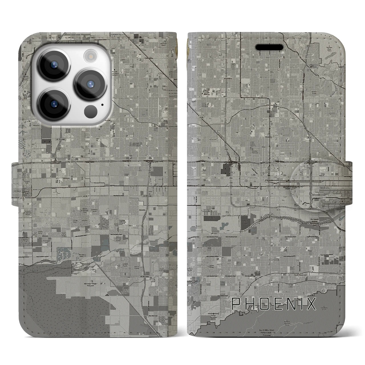 【フェニックス(アメリカ)】地図柄iPhoneケース(手帳タイプ)モノトーン・iPhone 14 Pro 用