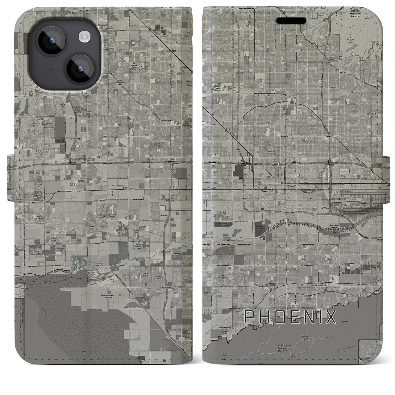 【フェニックス(アメリカ)】地図柄iPhoneケース(手帳タイプ)モノトーン・iPhone 14 Plus 用