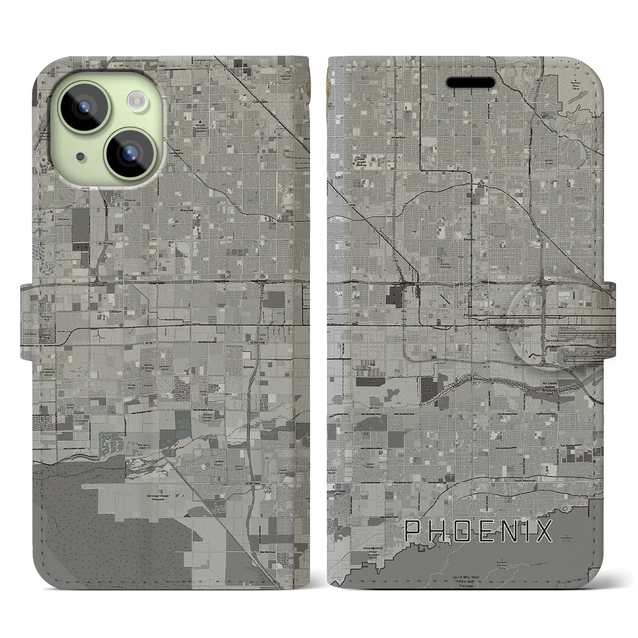 【フェニックス(アメリカ)】地図柄iPhoneケース(手帳タイプ)モノトーン・iPhone 15 用