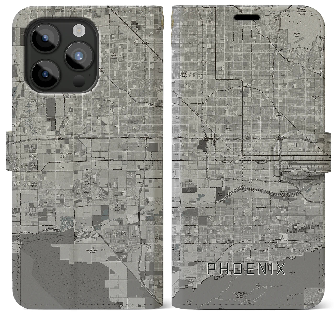 【フェニックス(アメリカ)】地図柄iPhoneケース(手帳タイプ)モノトーン・iPhone 15 Pro Max 用