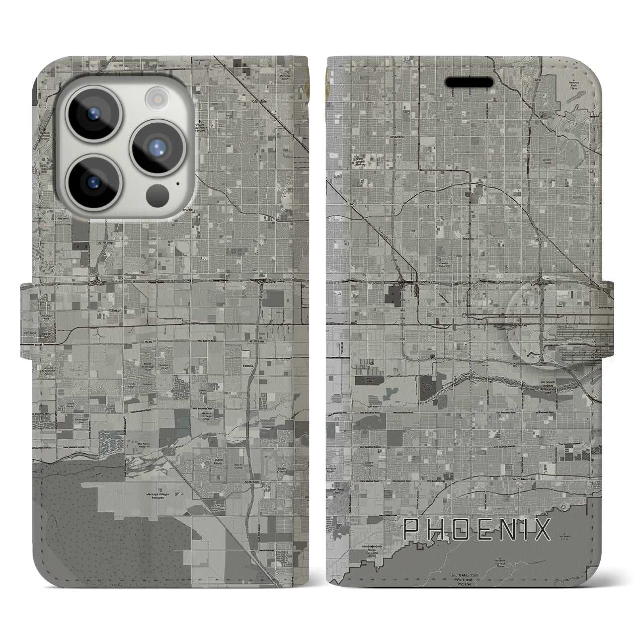 【フェニックス(アメリカ)】地図柄iPhoneケース(手帳タイプ)モノトーン・iPhone 15 Pro 用