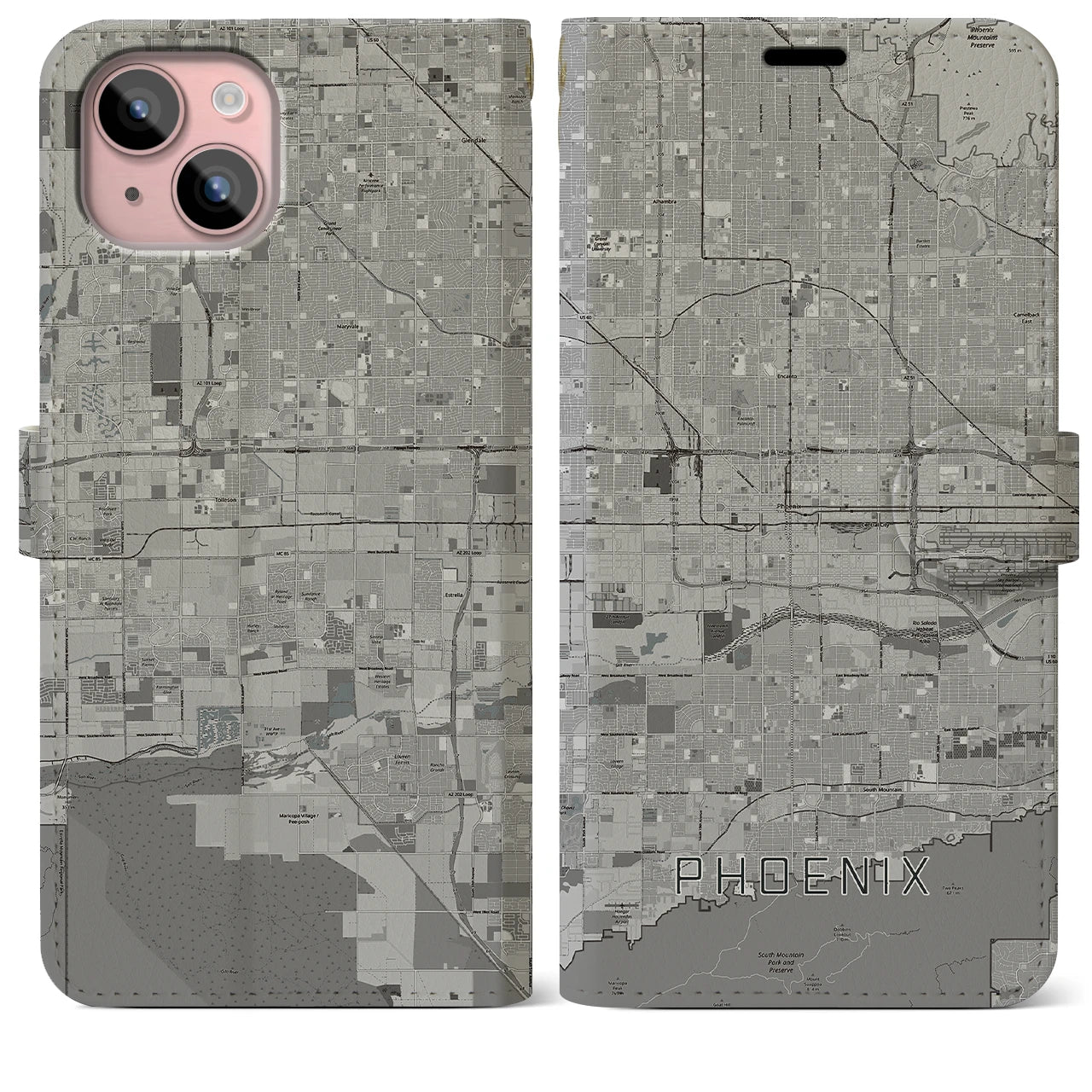 【フェニックス(アメリカ)】地図柄iPhoneケース(手帳タイプ)モノトーン・iPhone 15 Plus 用