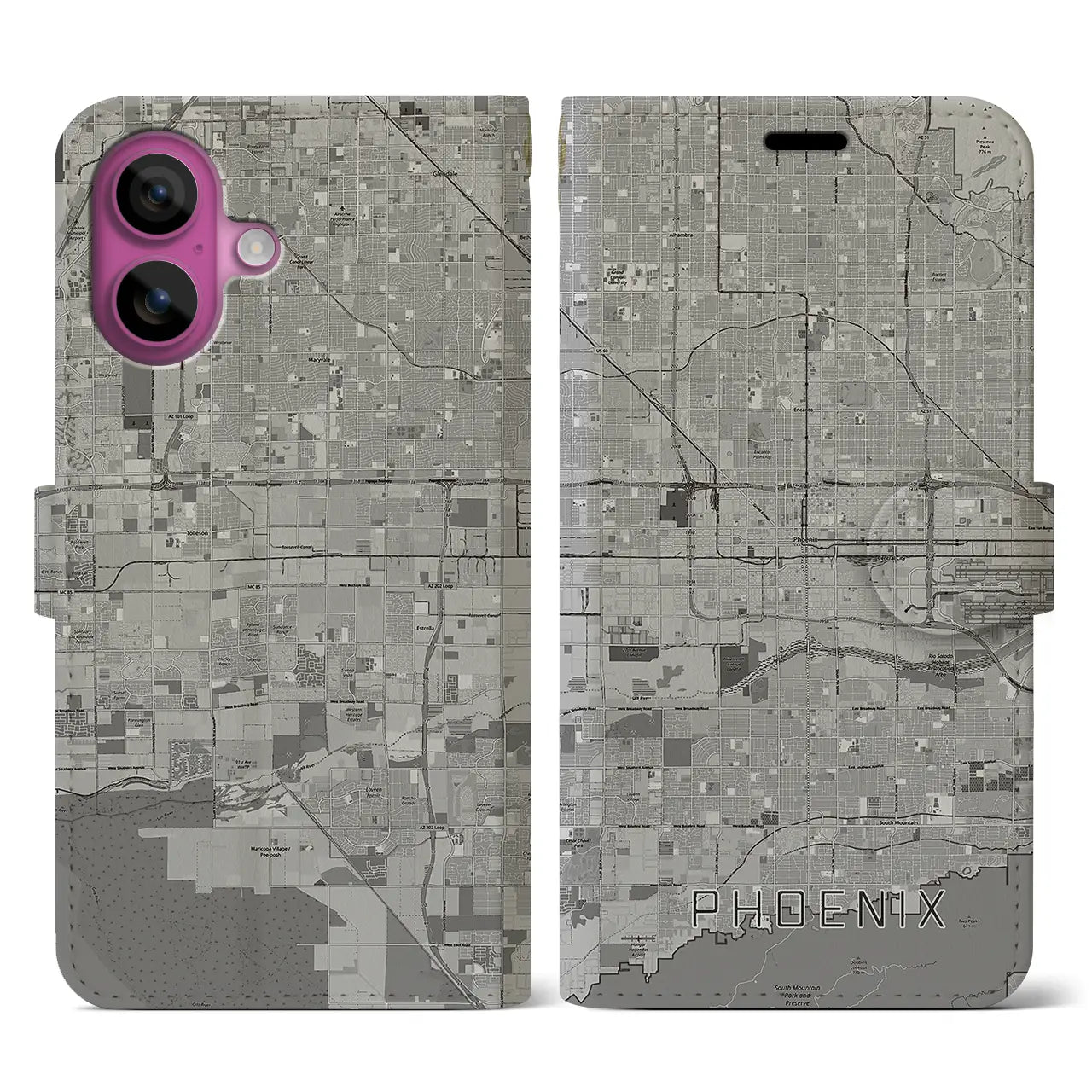 【フェニックス(アメリカ)】地図柄iPhoneケース(手帳タイプ)モノトーン・iPhone 16 Pro 用