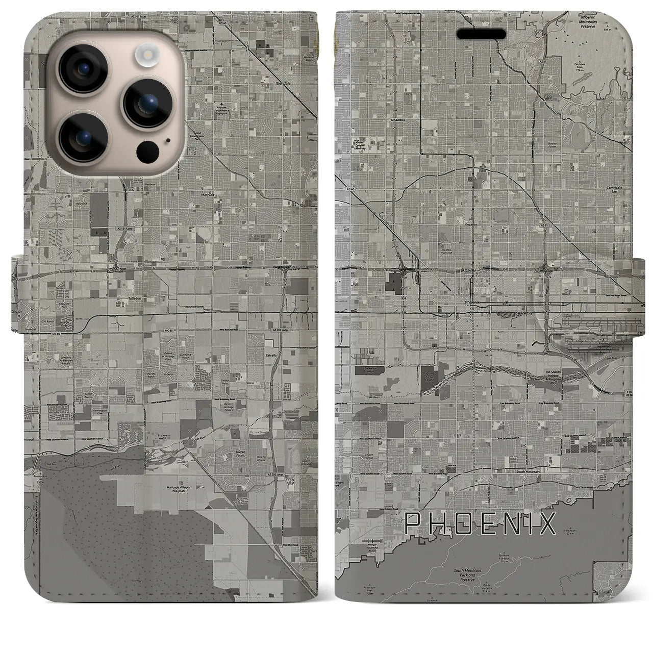 【フェニックス(アメリカ)】地図柄iPhoneケース(手帳タイプ)モノトーン・iPhone 16 Plus 用