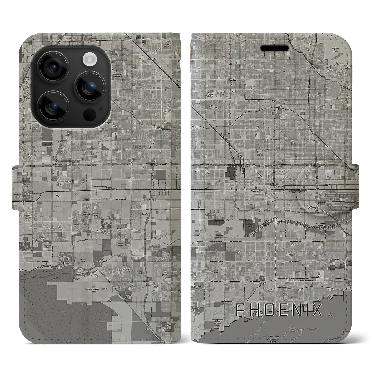 【フェニックス(アメリカ)】地図柄iPhoneケース(手帳タイプ)モノトーン・iPhone 16 用