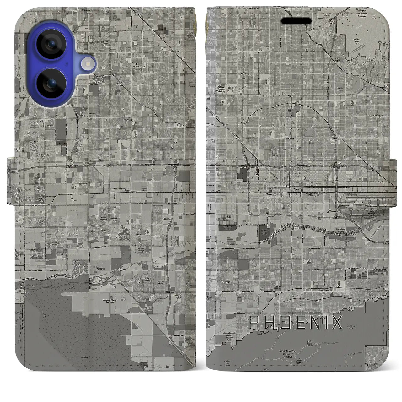 【フェニックス(アメリカ)】地図柄iPhoneケース(手帳タイプ)モノトーン・iPhone 16 Pro Max 用