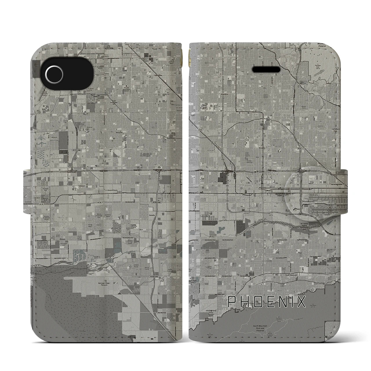 【フェニックス(アメリカ)】地図柄iPhoneケース(手帳タイプ)モノトーン・iPhone SE(第3 / 第2世代) / 8 / 7 / 6s / 6 用