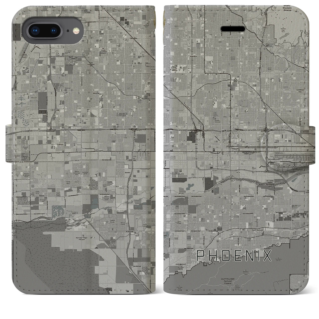 【フェニックス(アメリカ)】地図柄iPhoneケース(手帳タイプ)モノトーン・iPhone 8Plus /7Plus / 6sPlus / 6Plus 用