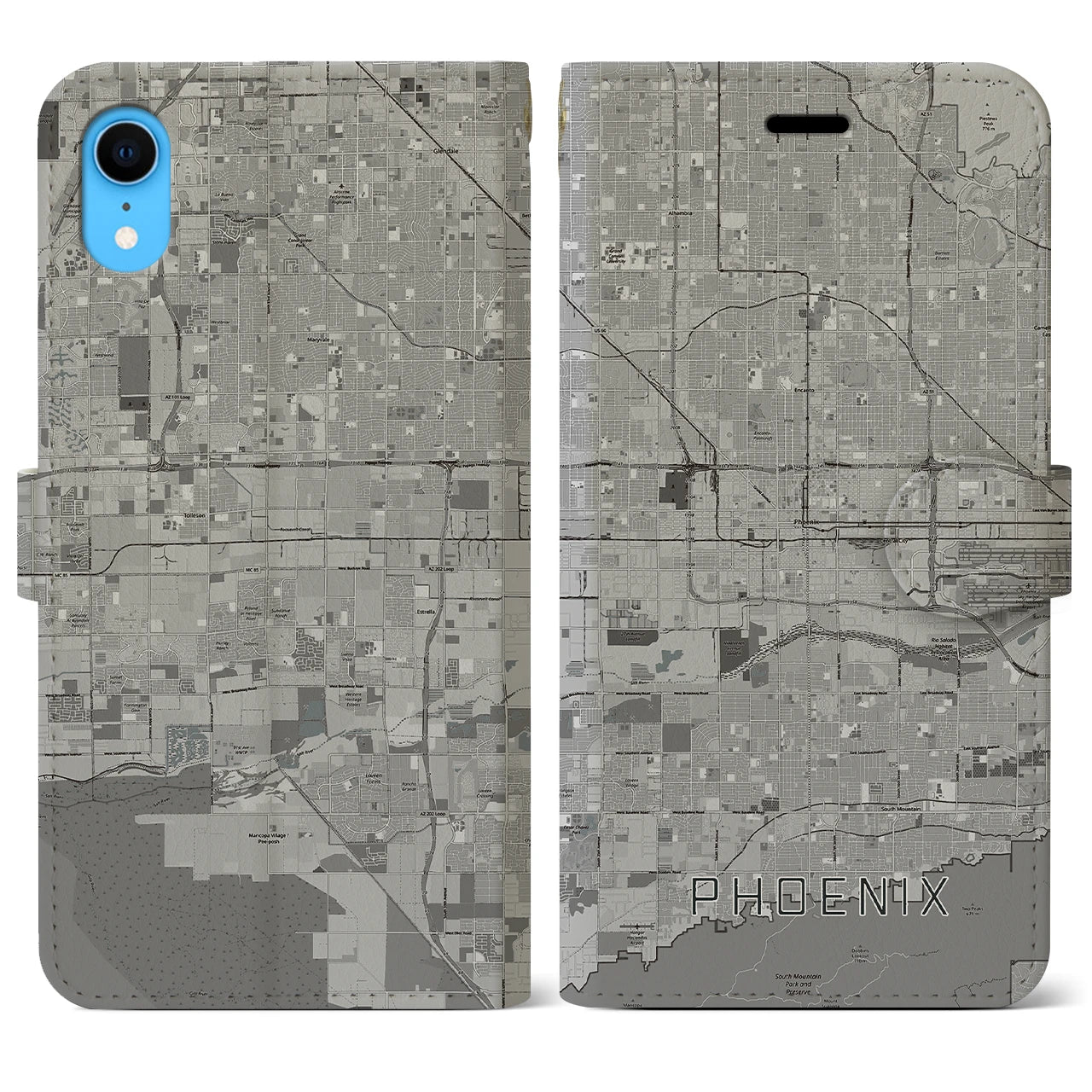 【フェニックス(アメリカ)】地図柄iPhoneケース(手帳タイプ)モノトーン・iPhone XR 用
