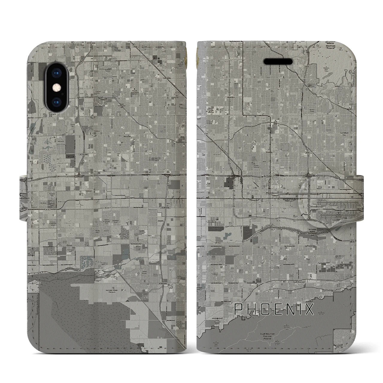 【フェニックス(アメリカ)】地図柄iPhoneケース(手帳タイプ)モノトーン・iPhone XS / X 用